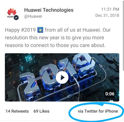 华为官方推特发布新年祝福文里，右下角出现“via Twitter for iPhone”的字样。